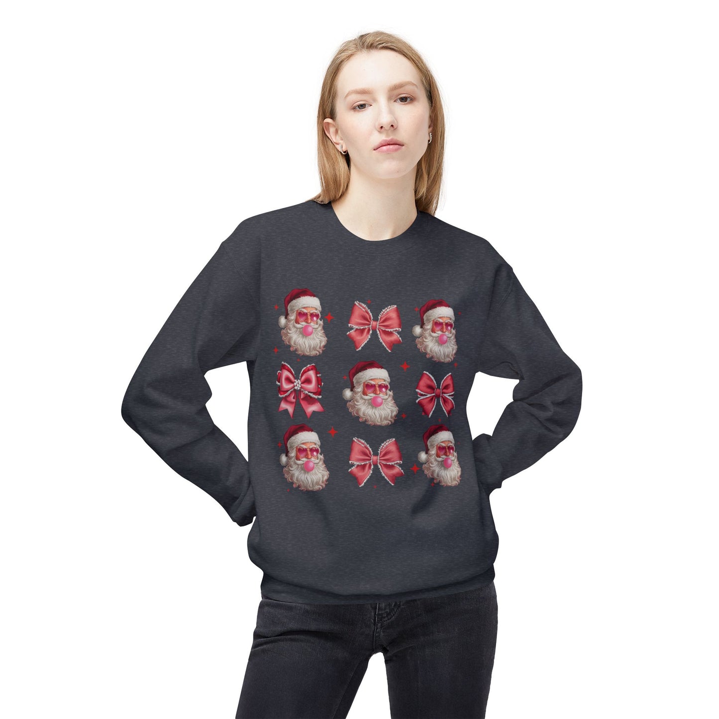 Festive Santa Sweatshirt with Bows – Cozy Holiday Crewneck