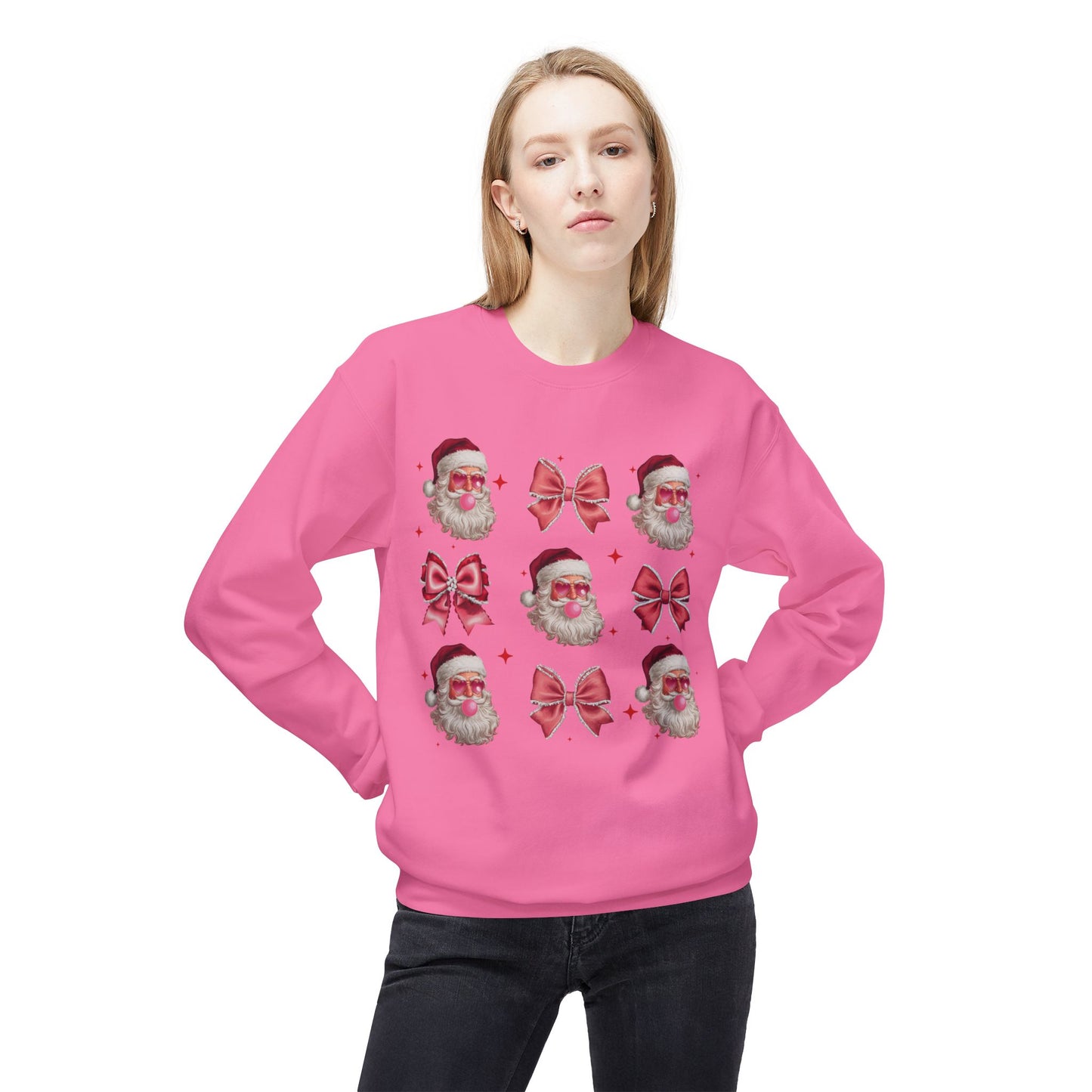 Festive Santa Sweatshirt with Bows – Cozy Holiday Crewneck