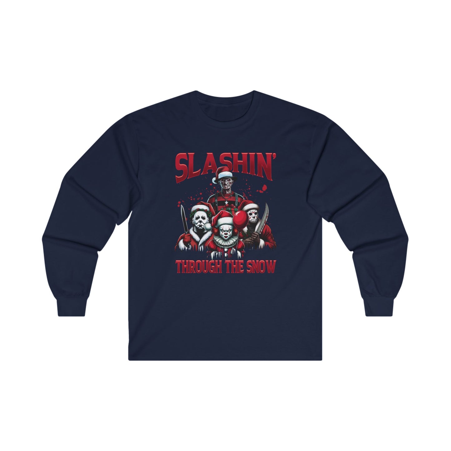Unisex Long Sleeve Tee - SLASHIN' Through the Snow Graphic T-Shirt for Horror Fans