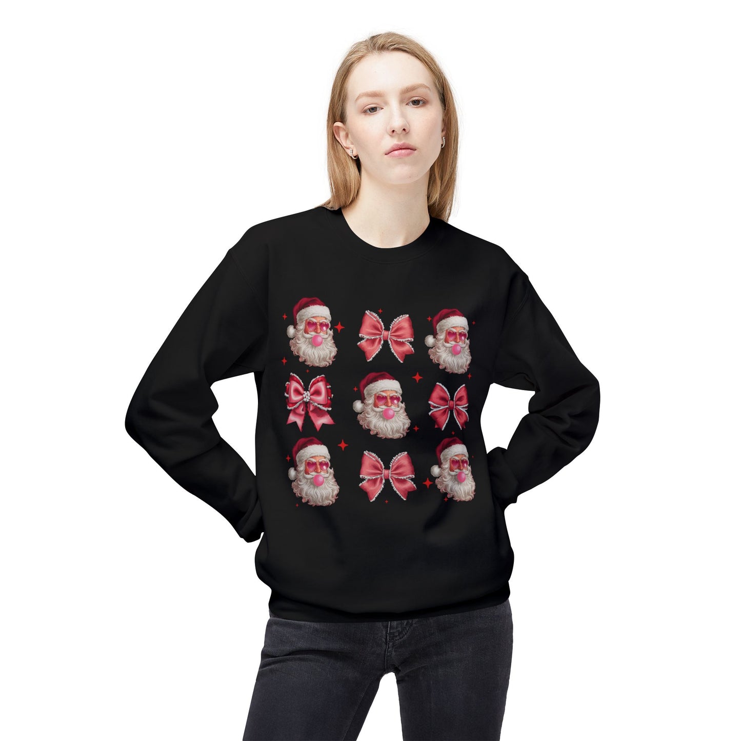 Festive Santa Sweatshirt with Bows – Cozy Holiday Crewneck