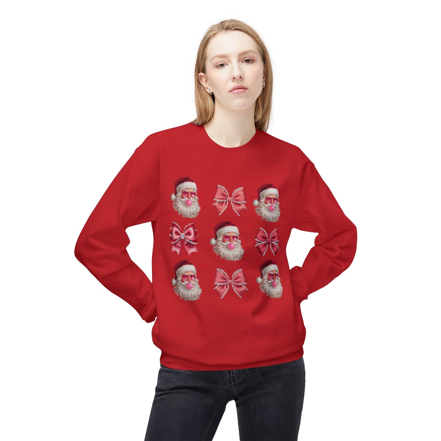 Festive Santa Sweatshirt with Bows – Cozy Holiday Crewneck