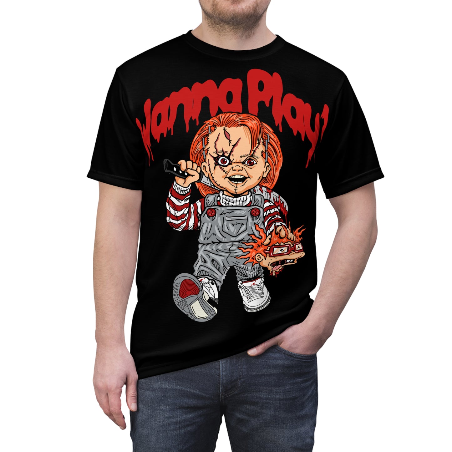 Wanna Play Unisex Horror Tee - Chucky Inspired Graphic Shirt for Halloween Enthusiasts