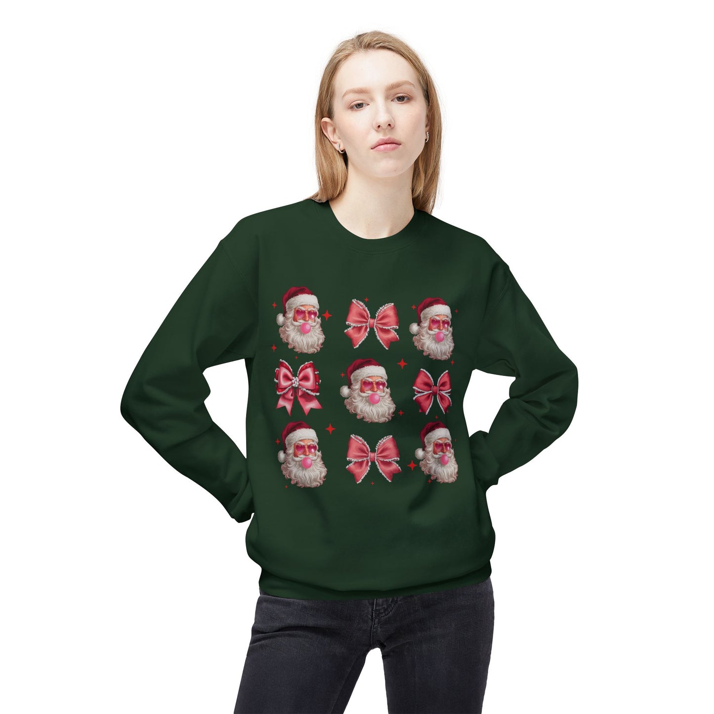 Festive Santa Sweatshirt with Bows – Cozy Holiday Crewneck