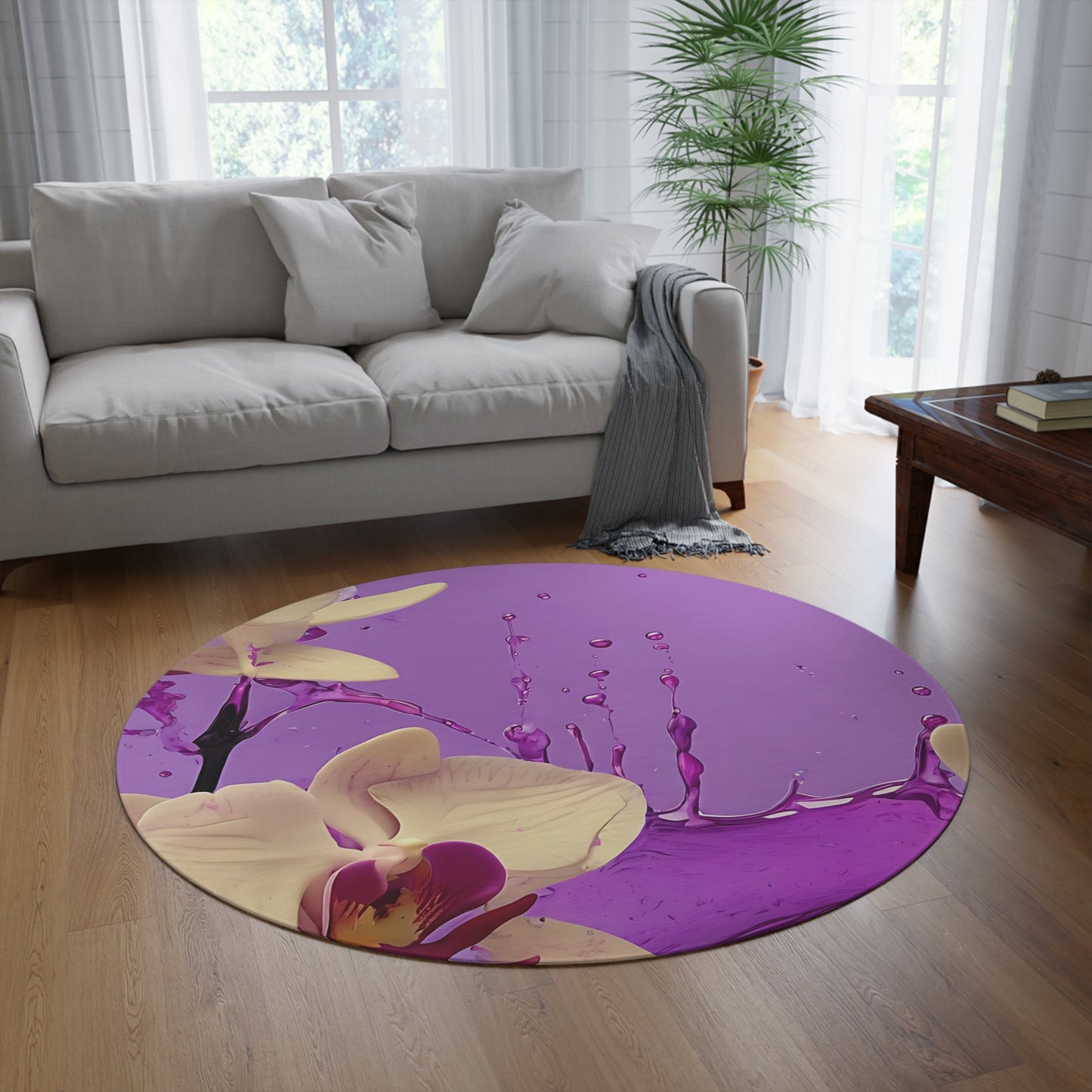 Purple Orchid Splash Round Rug - Floral Design for Home Decor