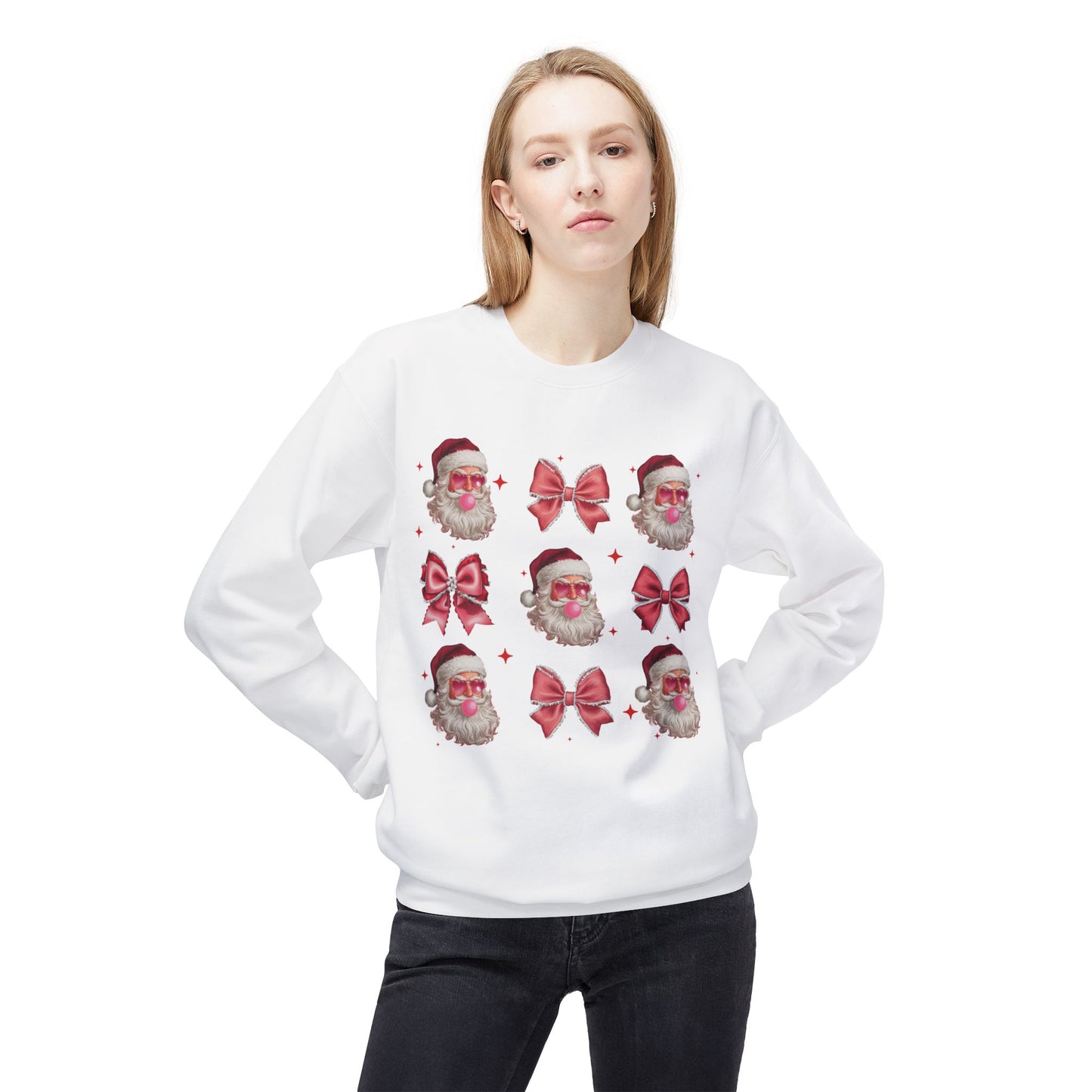 Festive Santa Sweatshirt with Bows – Cozy Holiday Crewneck