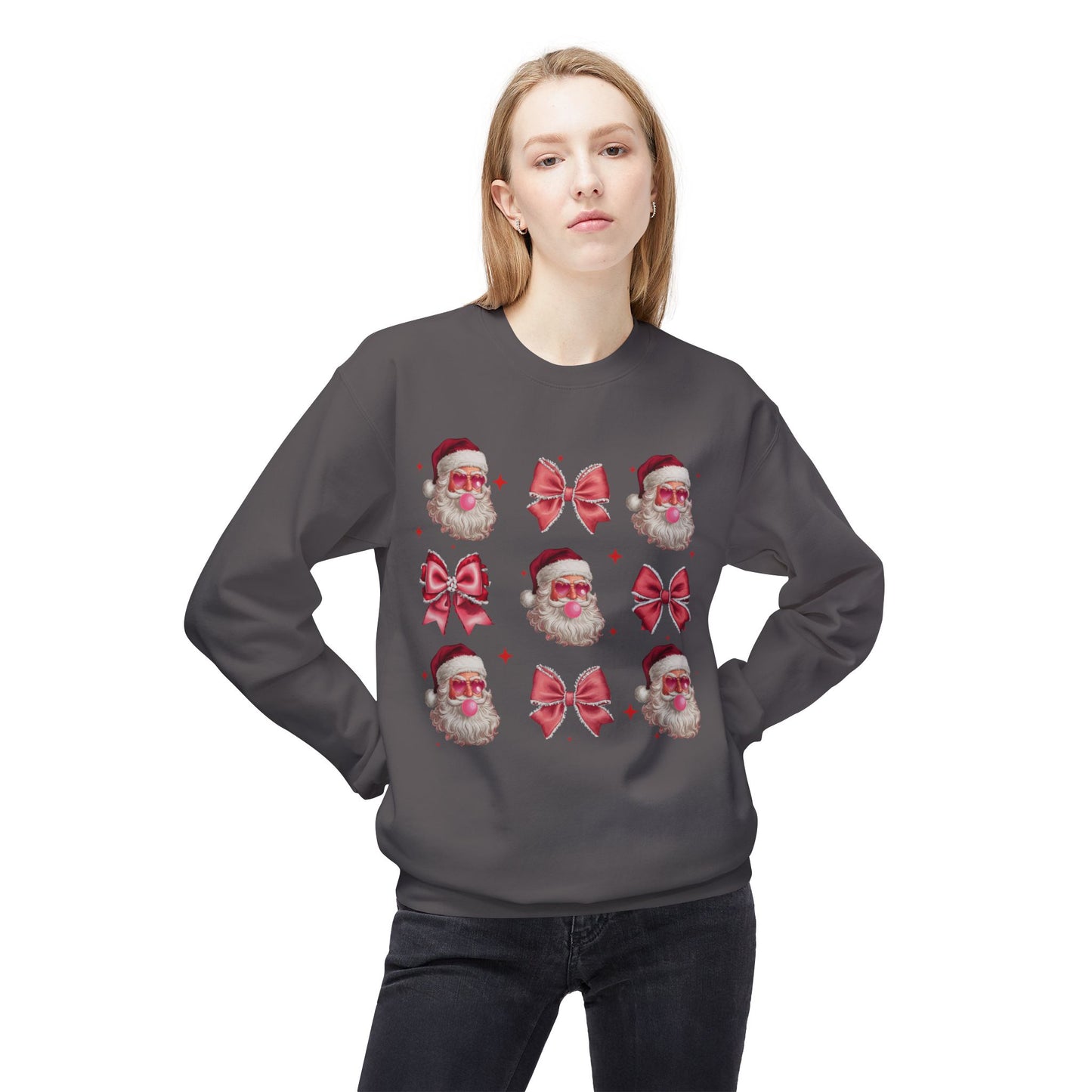 Festive Santa Sweatshirt with Bows – Cozy Holiday Crewneck