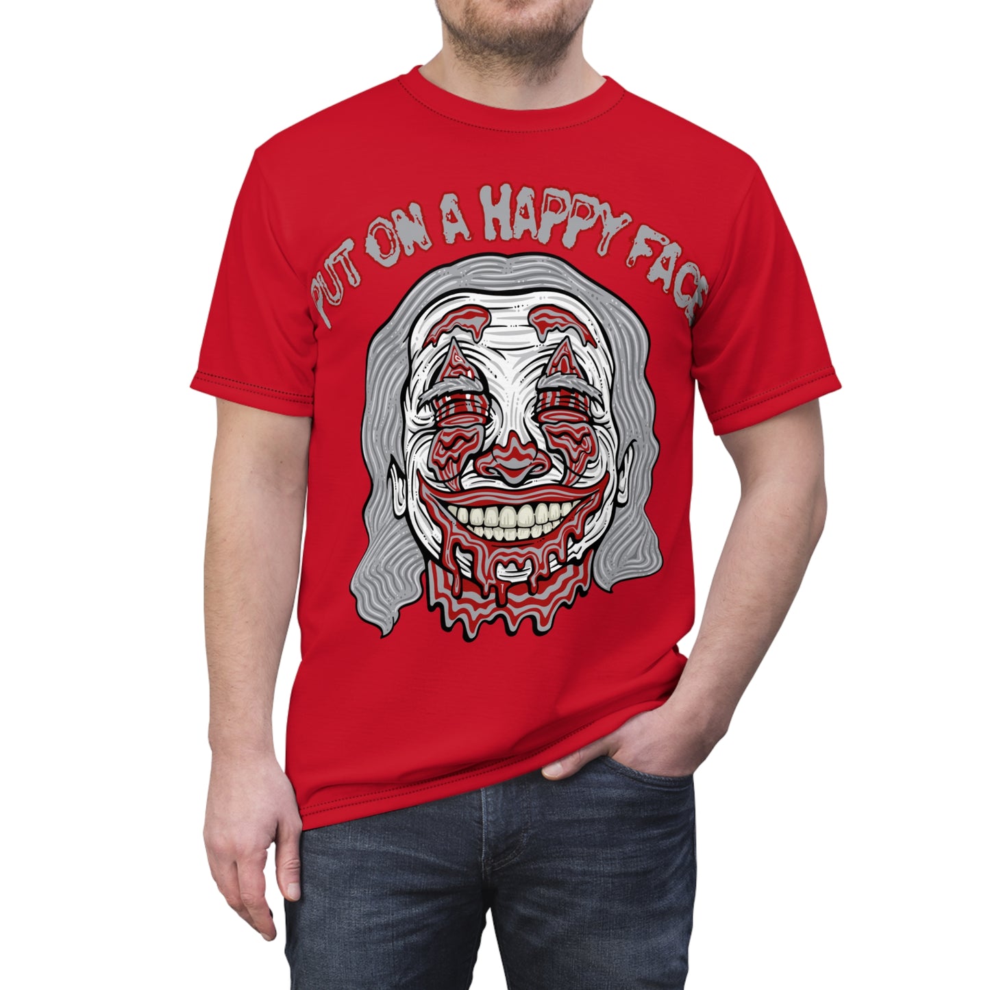 Unisex Graphic Tee - "Put on a Happy Face" Red Shirt for Bold Expressions