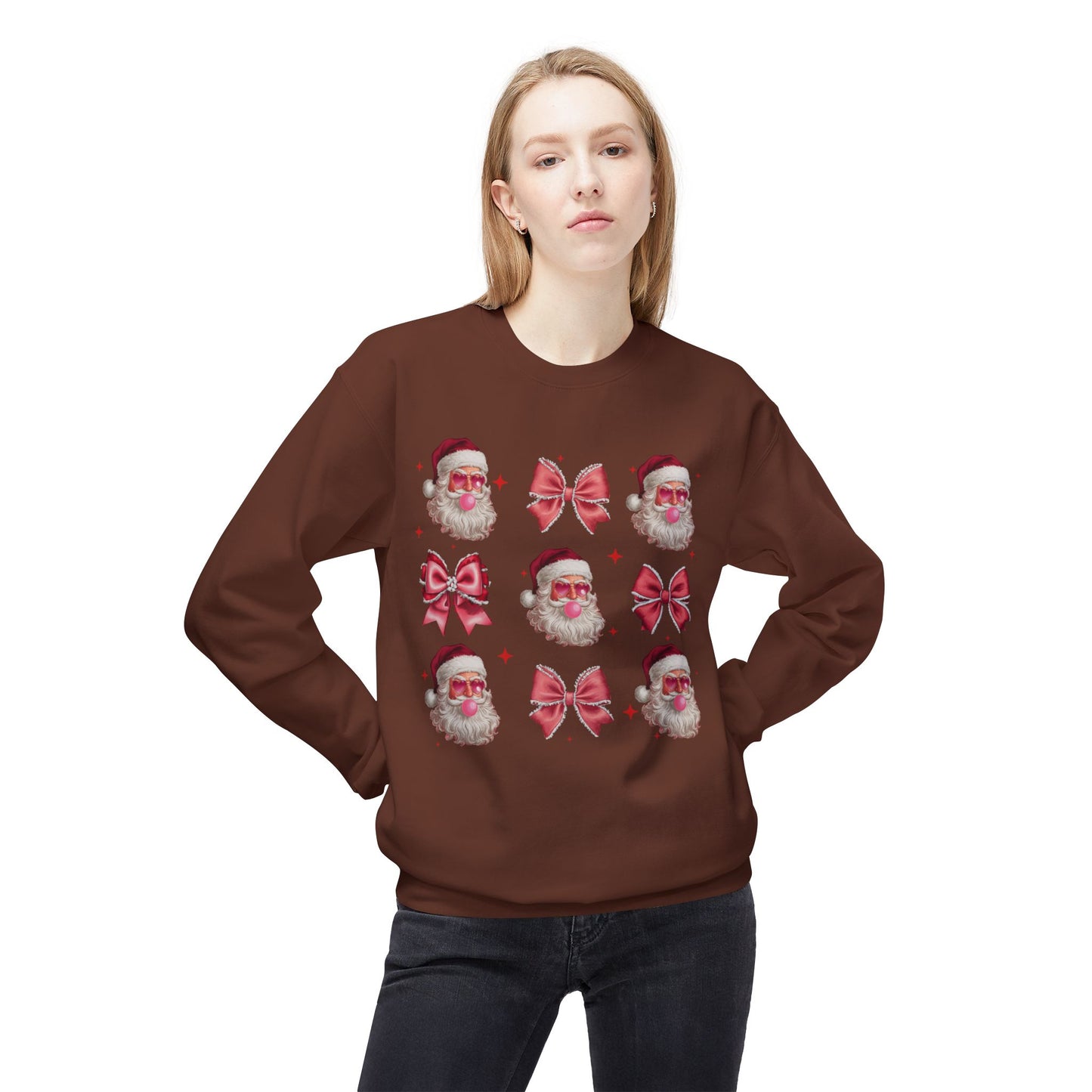 Festive Santa Sweatshirt with Bows – Cozy Holiday Crewneck
