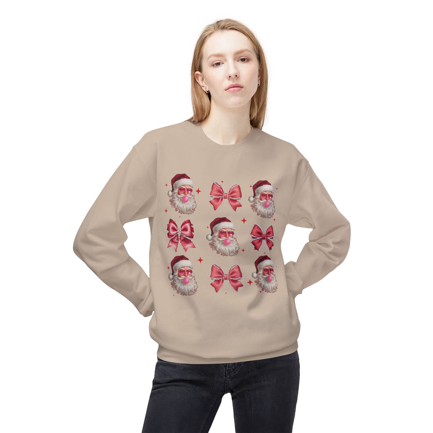 Festive Santa Sweatshirt with Bows – Cozy Holiday Crewneck
