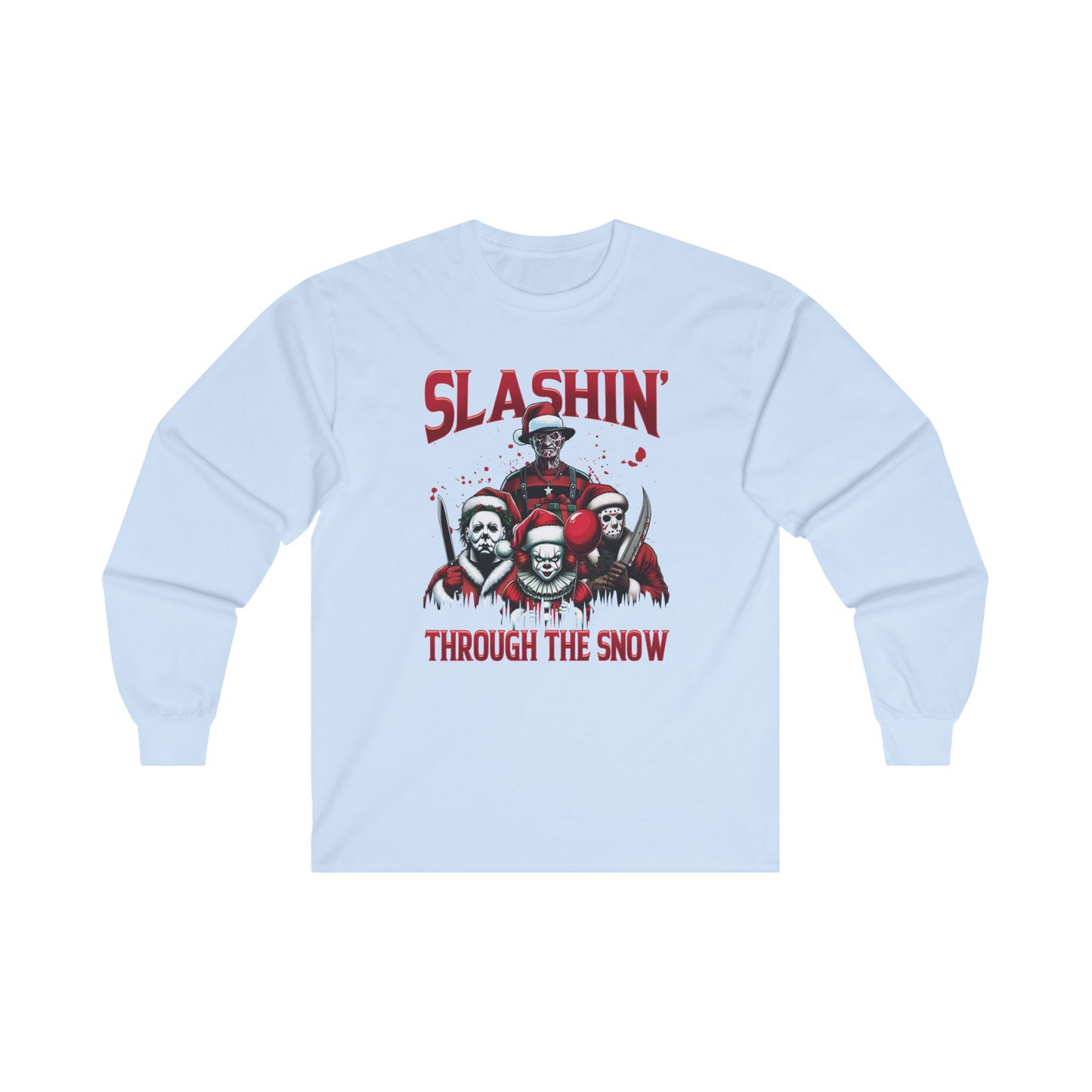 Unisex Long Sleeve Tee - SLASHIN' Through the Snow Graphic T-Shirt for Horror Fans