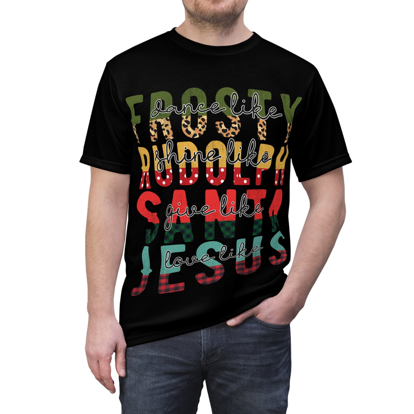 Festive Unisex Cut & Sew Tee - Dance, Rude, Love & Jesus Christmas Shirt