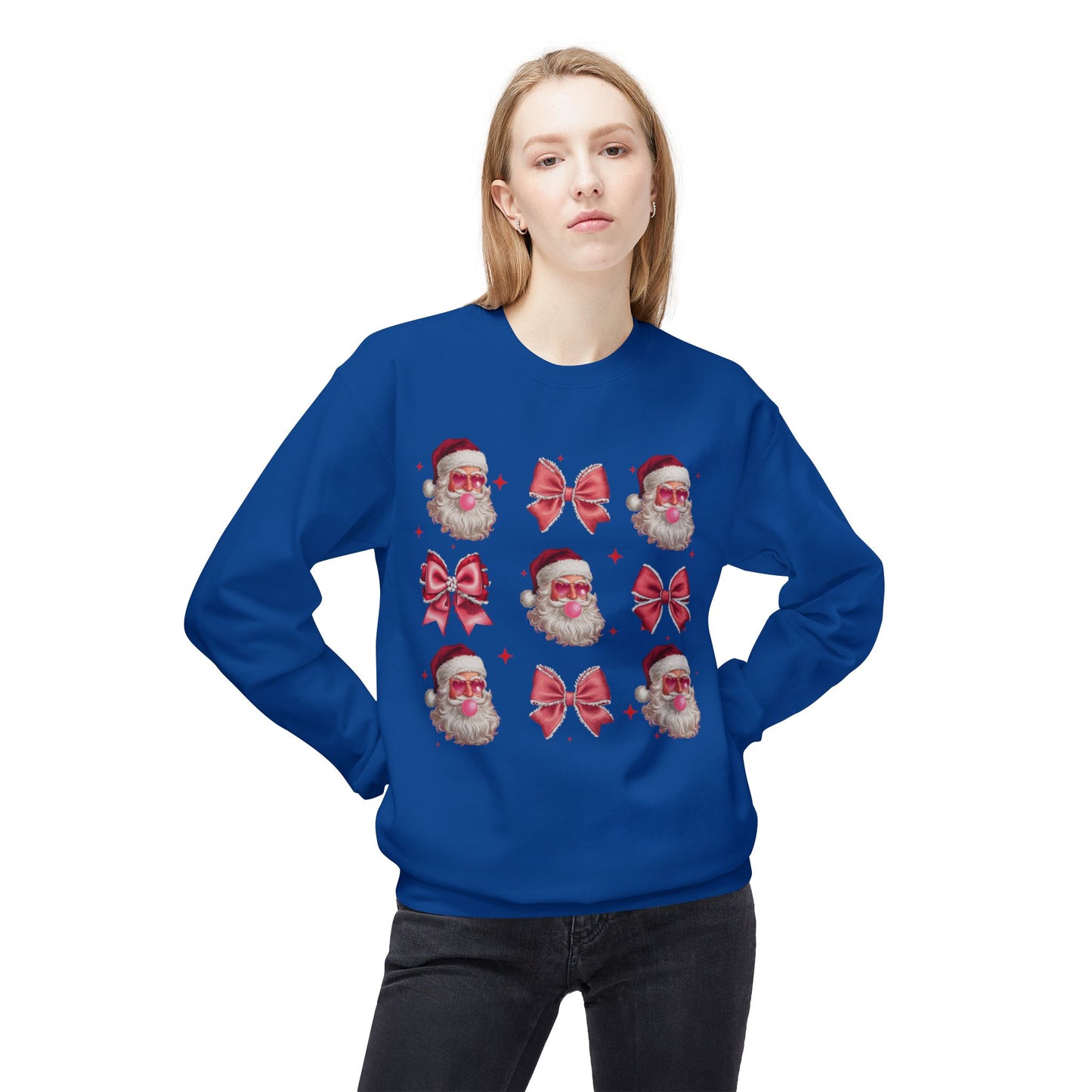 Festive Santa Sweatshirt with Bows – Cozy Holiday Crewneck