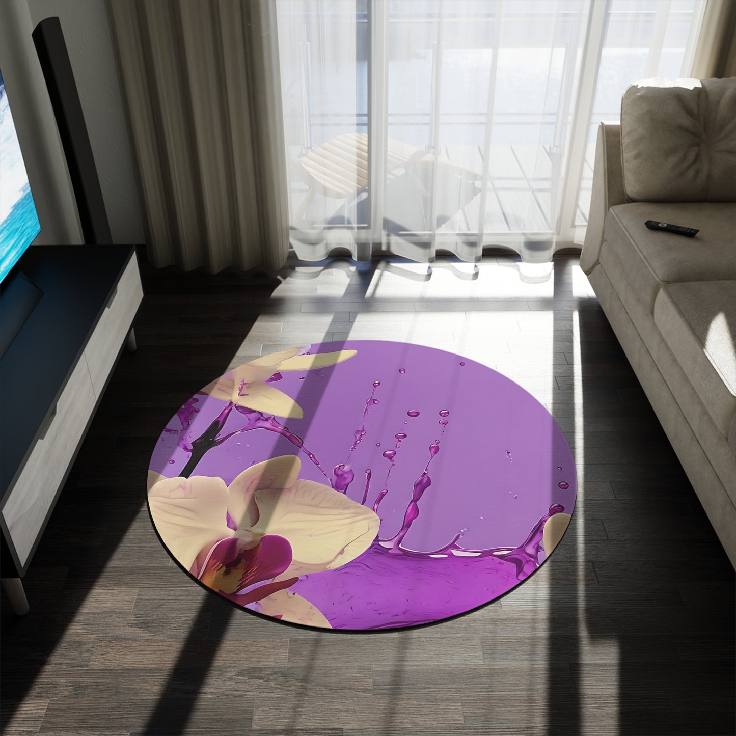 Purple Orchid Splash Round Rug - Floral Design for Home Decor