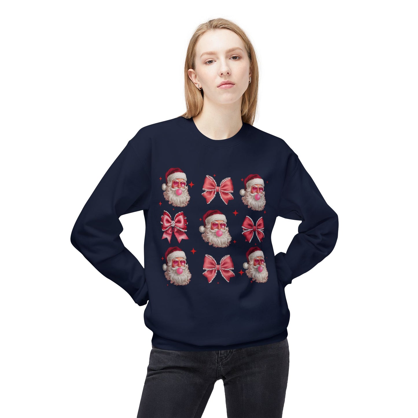 Festive Santa Sweatshirt with Bows – Cozy Holiday Crewneck