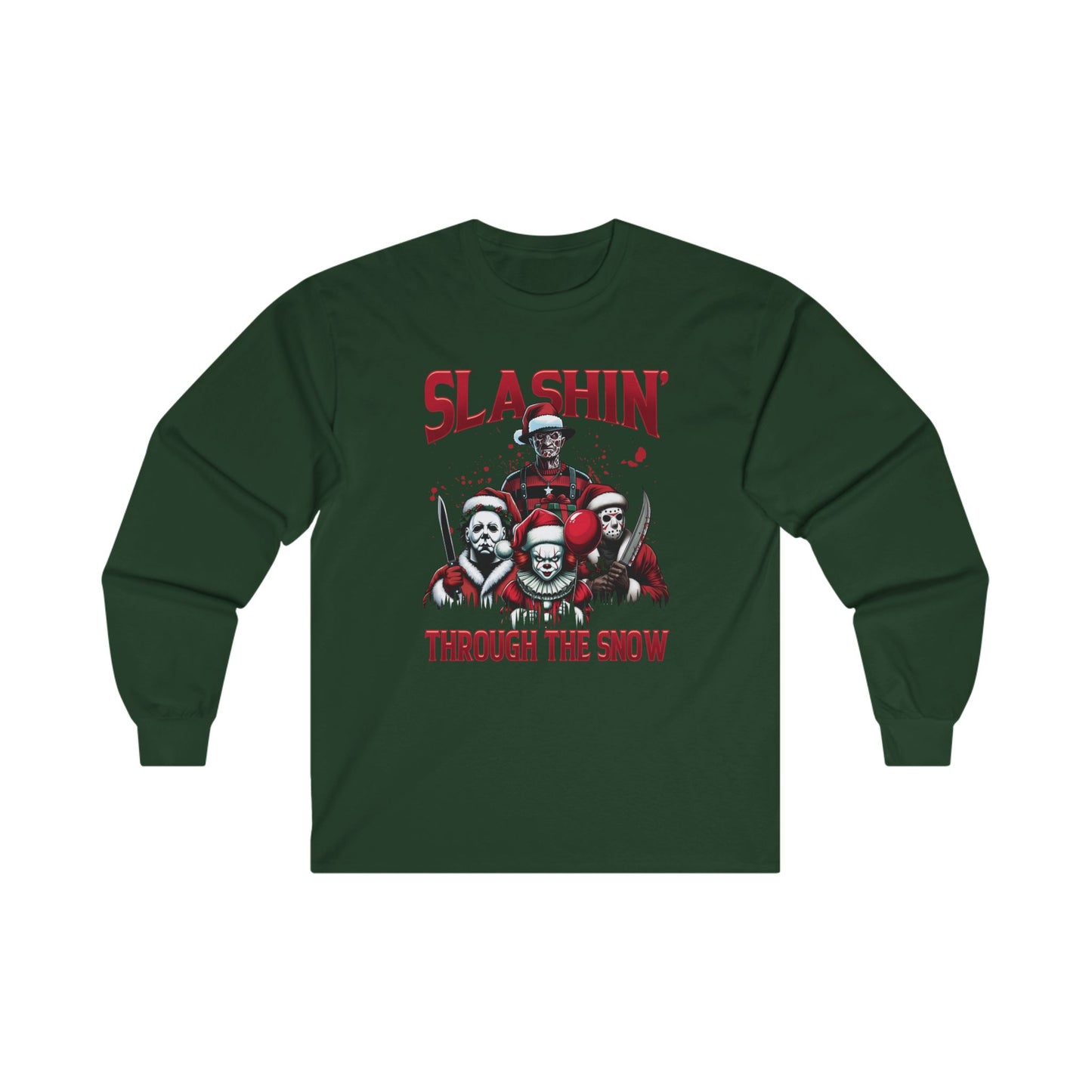 Unisex Long Sleeve Tee - SLASHIN' Through the Snow Graphic T-Shirt for Horror Fans