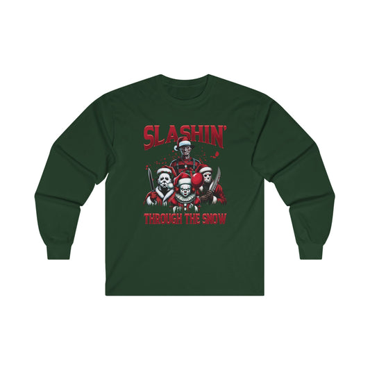 Unisex Long Sleeve Tee - SLASHIN' Through the Snow Graphic T-Shirt for Horror Fans