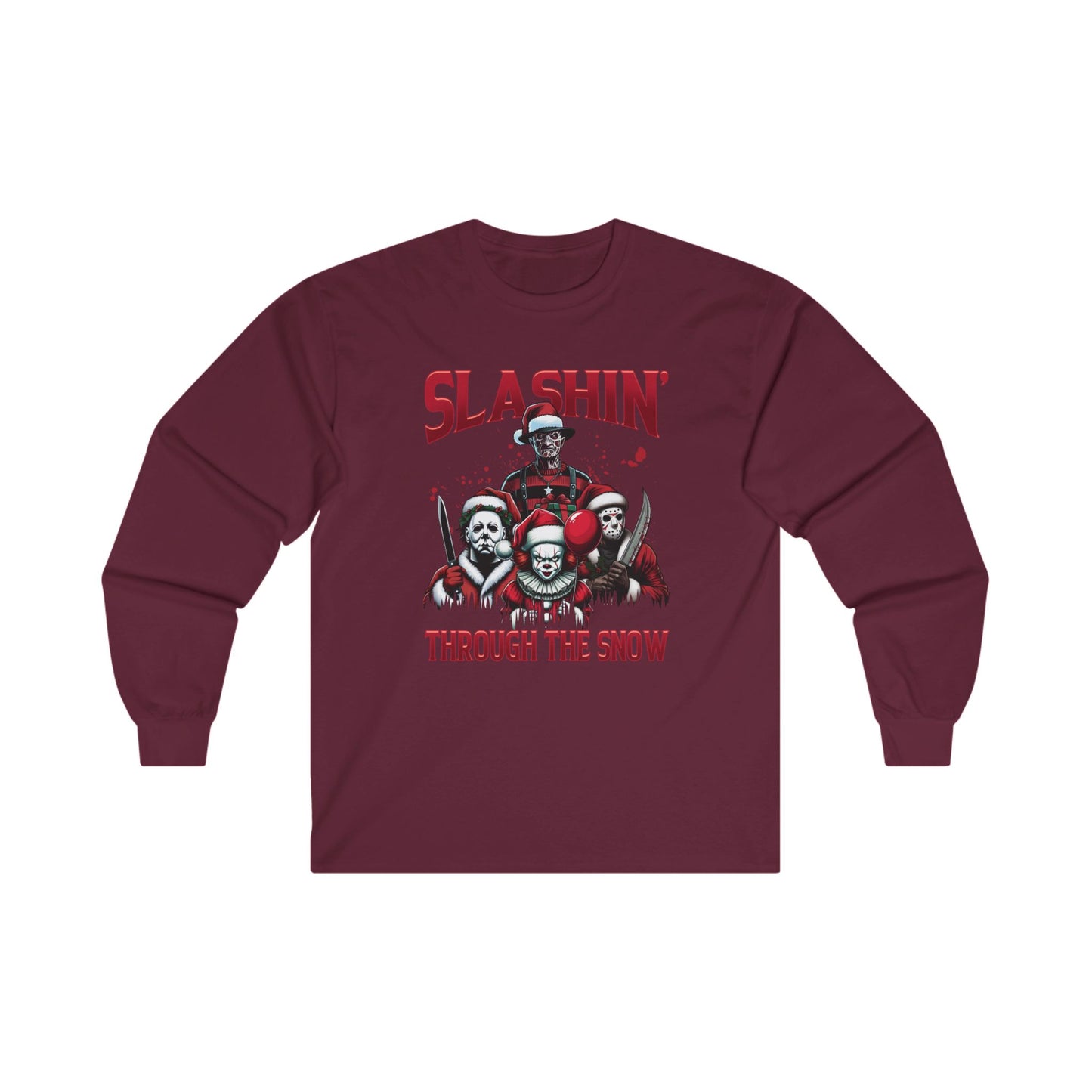 Unisex Long Sleeve Tee - SLASHIN' Through the Snow Graphic T-Shirt for Horror Fans