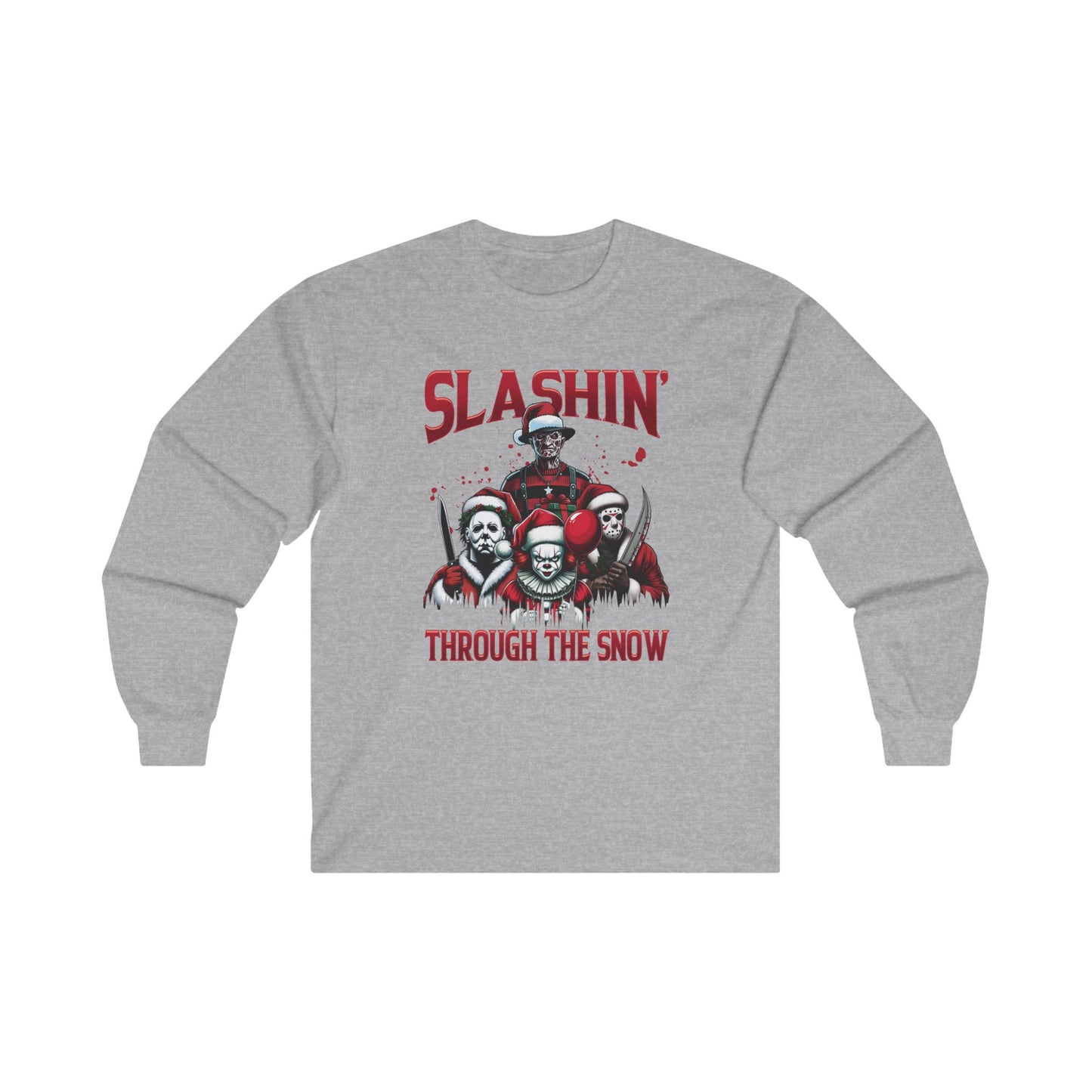 Unisex Long Sleeve Tee - SLASHIN' Through the Snow Graphic T-Shirt for Horror Fans