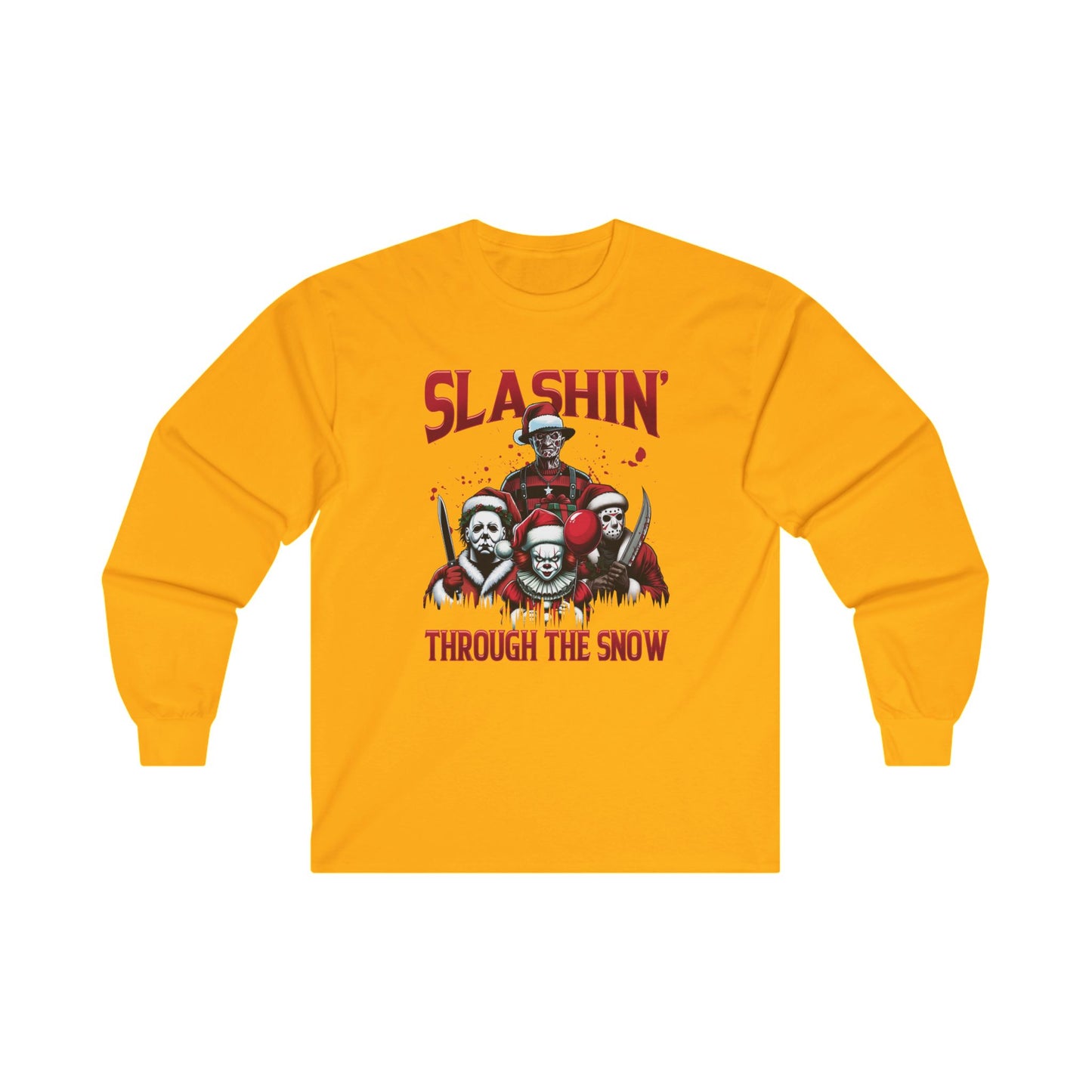 Unisex Long Sleeve Tee - SLASHIN' Through the Snow Graphic T-Shirt for Horror Fans