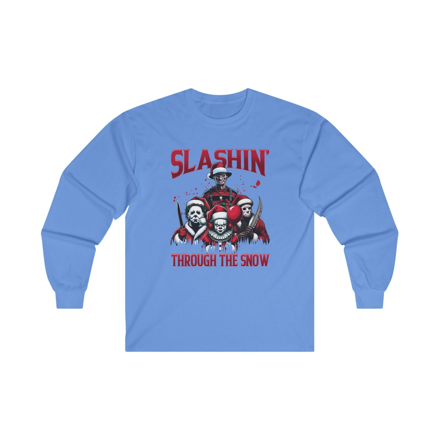 Unisex Long Sleeve Tee - SLASHIN' Through the Snow Graphic T-Shirt for Horror Fans