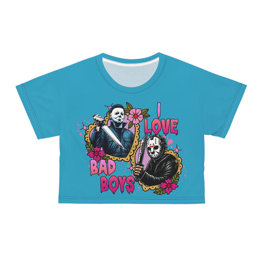I Love Bad Boys Graphic Crop Tee - Fun and Edgy Apparel for Horror Fans