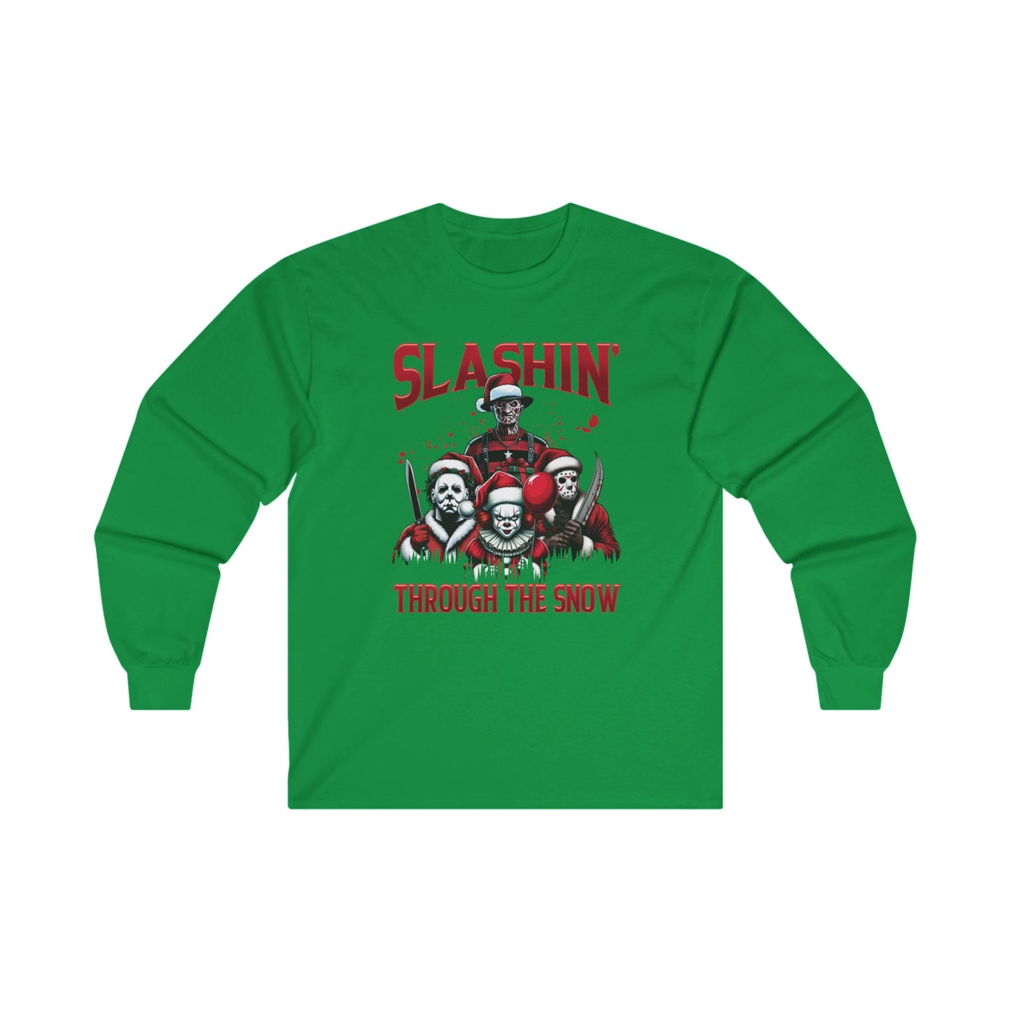 Unisex Long Sleeve Tee - SLASHIN' Through the Snow Graphic T-Shirt for Horror Fans