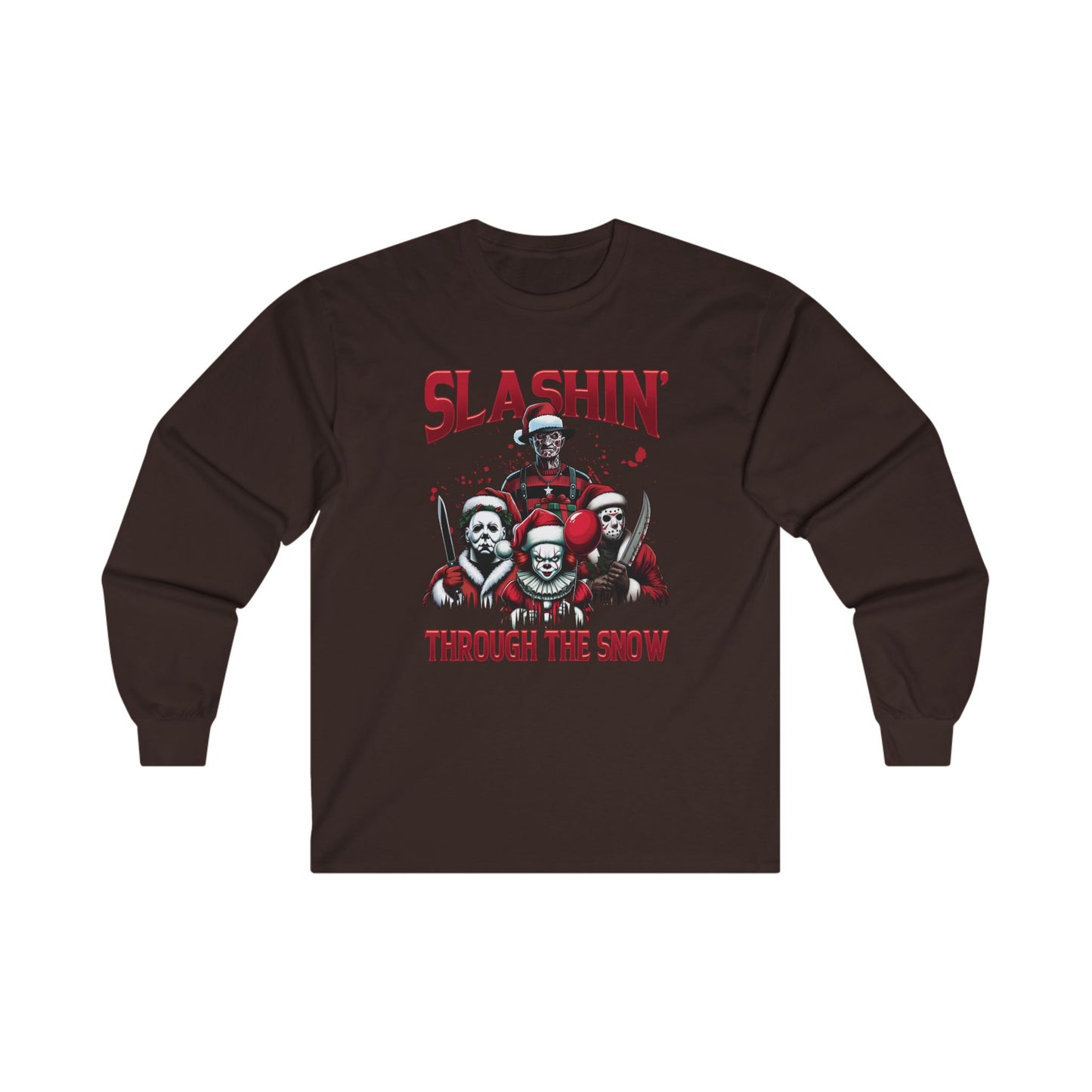 Unisex Long Sleeve Tee - SLASHIN' Through the Snow Graphic T-Shirt for Horror Fans