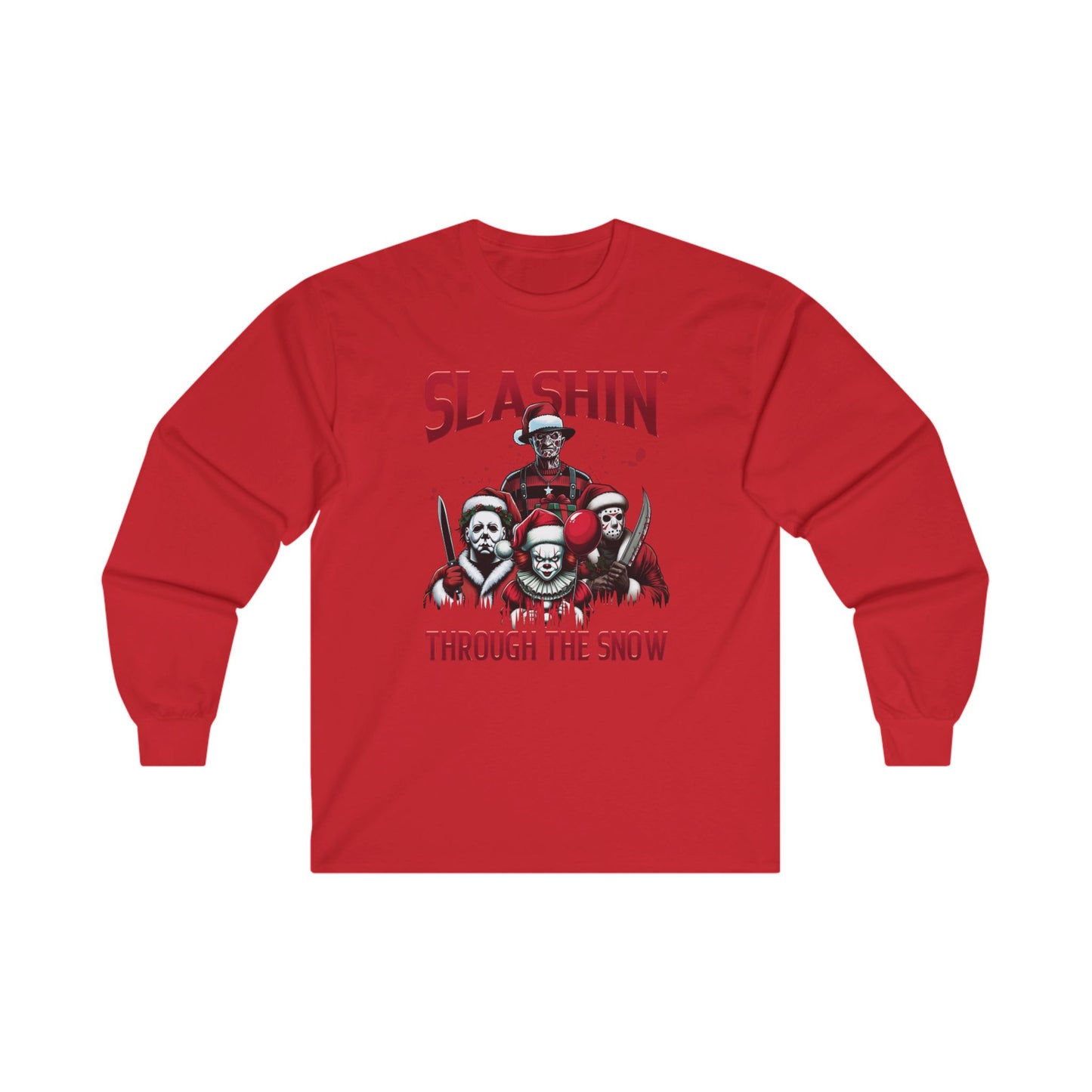 Unisex Long Sleeve Tee - SLASHIN' Through the Snow Graphic T-Shirt for Horror Fans