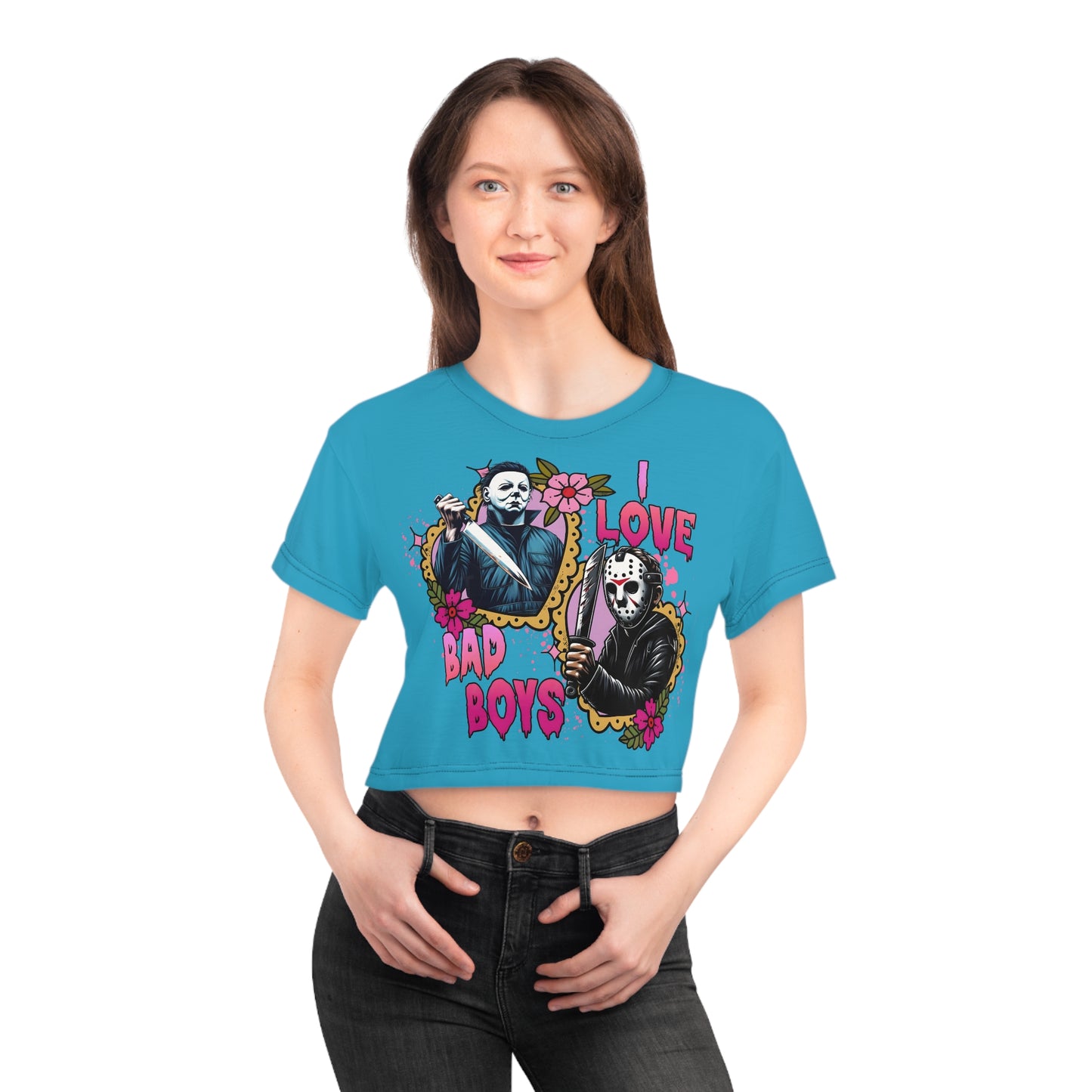 I Love Bad Boys Graphic Crop Tee - Fun and Edgy Apparel for Horror Fans
