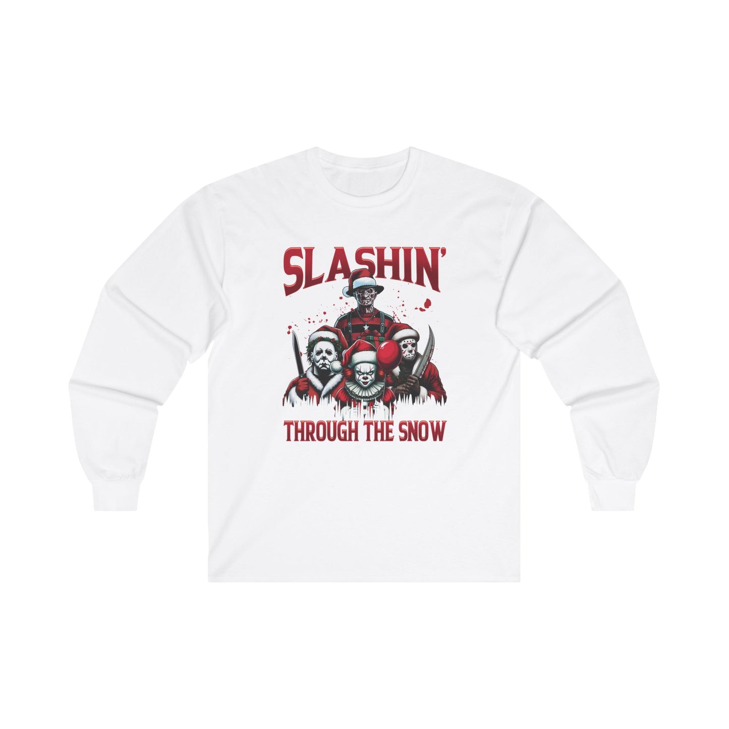 Unisex Long Sleeve Tee - SLASHIN' Through the Snow Graphic T-Shirt for Horror Fans
