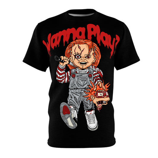Wanna Play Unisex Horror Tee - Chucky Inspired Graphic Shirt for Halloween Enthusiasts