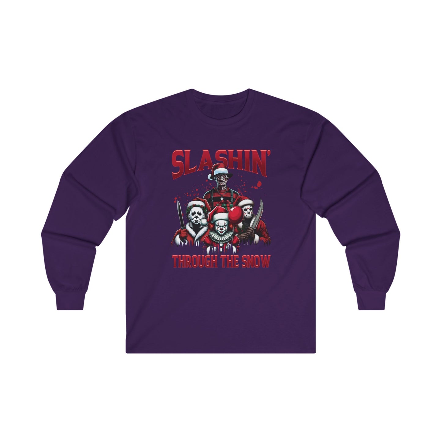 Unisex Long Sleeve Tee - SLASHIN' Through the Snow Graphic T-Shirt for Horror Fans