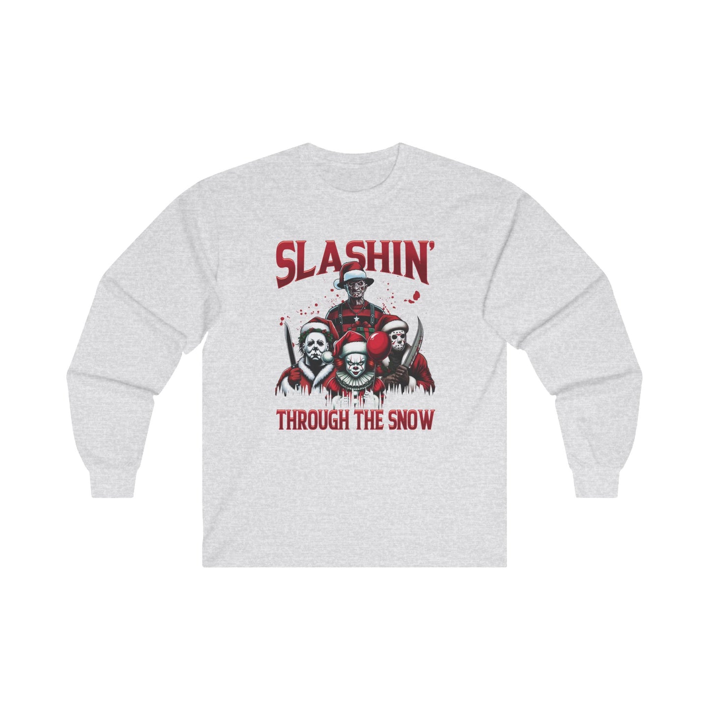 Unisex Long Sleeve Tee - SLASHIN' Through the Snow Graphic T-Shirt for Horror Fans