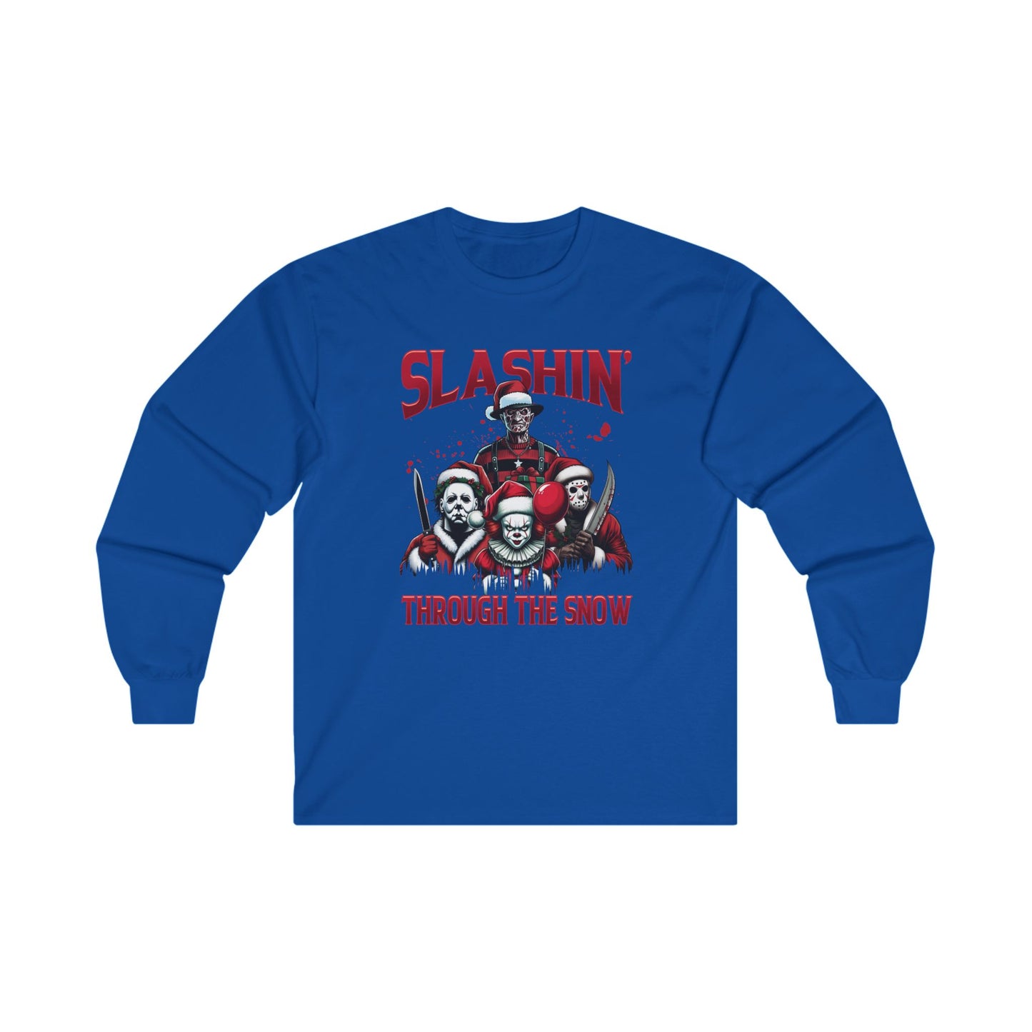 Unisex Long Sleeve Tee - SLASHIN' Through the Snow Graphic T-Shirt for Horror Fans