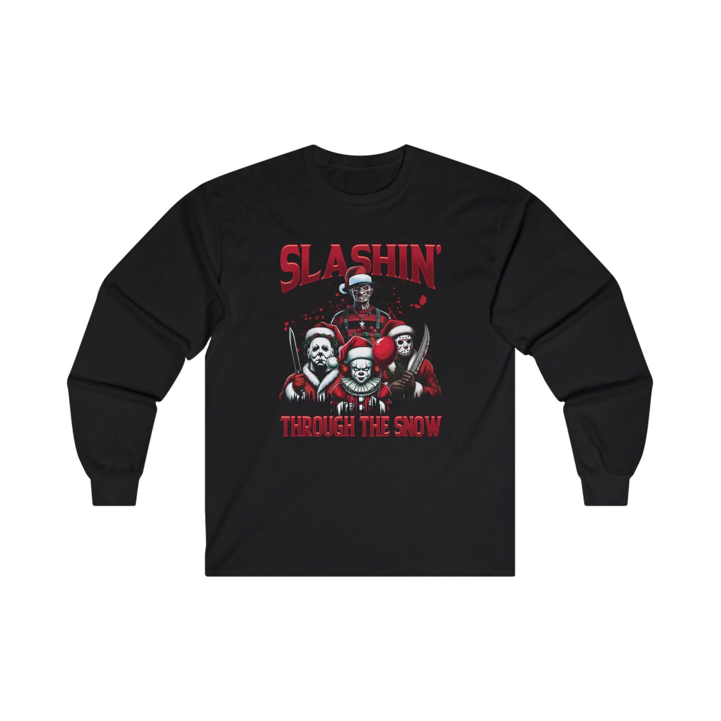 Unisex Long Sleeve Tee - SLASHIN' Through the Snow Graphic T-Shirt for Horror Fans